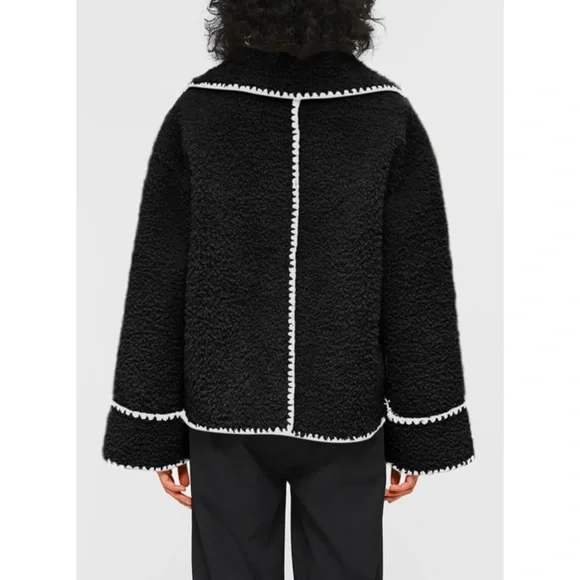 CHOUYATOU • Sherpa Fleece Jacket Casual Collar Fuzzy Coat Contrast Trims - Picture 5 of 8